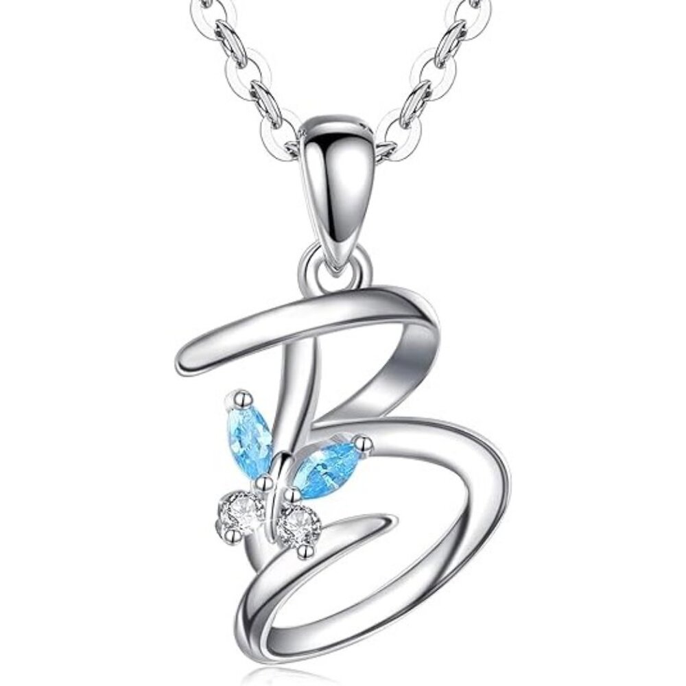 Letter B Silver Butterfly Initial Elegant Necklace 18"
